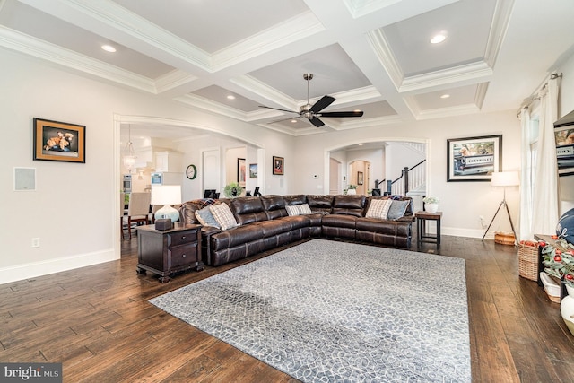 12 Sagecrest Cir, Enola, PA 17025 - living area with arched walkways, a ceiling fan, baseboards, dark wood finished floors, and ornamental molding