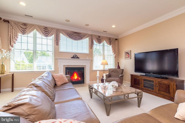 39 Nathaniel, Holland, PA 18966 - living area featuring ornamental molding, baseboards, a fireplace with flush hearth, recessed lighting, and light carpet