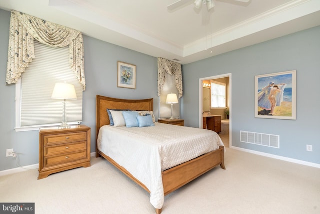 39 Nathaniel, Holland, PA 18966 - carpeted bedroom featuring baseboards, ensuite bathroom, a tray ceiling, a ceiling fan, and crown molding