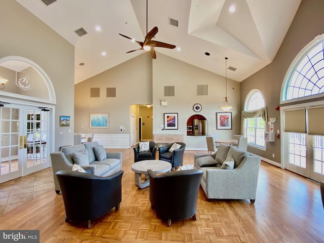 39 Nathaniel, Holland, PA 18966 - living area featuring french doors, high vaulted ceiling, ceiling fan, and recessed lighting