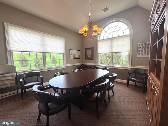 39 Nathaniel, Holland, PA 18966 - dining room with vaulted ceiling, a chandelier, baseboards, and dark carpet