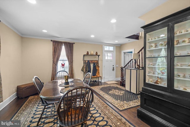 116 W 17th St, Front Royal, VA 22630 - dining space featuring baseboards, stairway, recessed lighting, wood finished floors, and crown molding