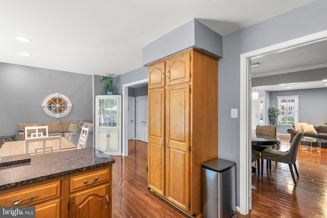 12125 Gatewater Dr, Potomac, MD 20854 - kitchen featuring open floor plan, dark wood-style floors, dark stone countertops, and recessed lighting