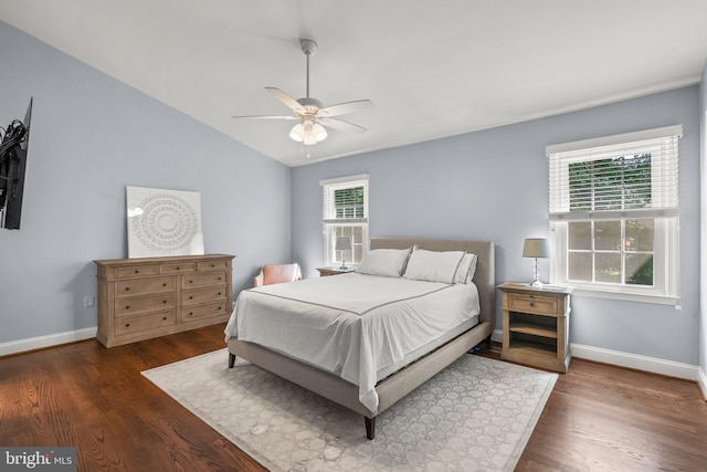 12125 Gatewater Dr, Potomac, MD 20854 - bedroom with wood finished floors, lofted ceiling, baseboards, and a ceiling fan