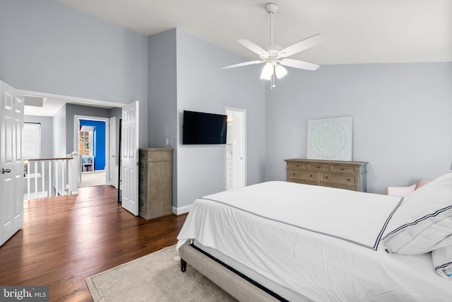 12125 Gatewater Dr, Potomac, MD 20854 - bedroom with high vaulted ceiling, wood finished floors, baseboards, and a ceiling fan