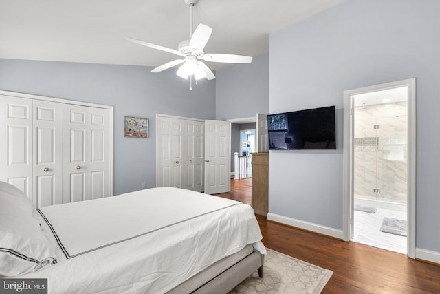 12125 Gatewater Dr, Potomac, MD 20854 - bedroom with two closets, high vaulted ceiling, wood finished floors, baseboards, and ensuite bathroom