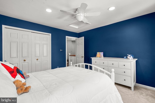 12125 Gatewater Dr, Potomac, MD 20854 - bedroom featuring carpet flooring, a closet, baseboards, recessed lighting, and a ceiling fan
