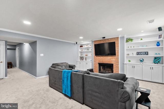12125 Gatewater Dr, Potomac, MD 20854 - living room featuring light colored carpet, crown molding, baseboards, a fireplace, and recessed lighting