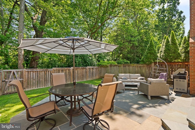 12125 Gatewater Dr, Potomac, MD 20854 - fenced backyard with an outdoor living space, a patio area, outdoor dining area, and grilling area