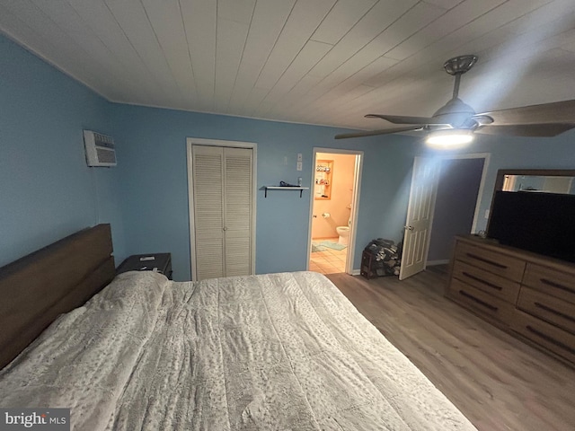 44 Sugarmaple Ln, Levittown, PA 19055 - bedroom featuring wood finished floors, a closet, connected bathroom, a ceiling fan, and wood ceiling