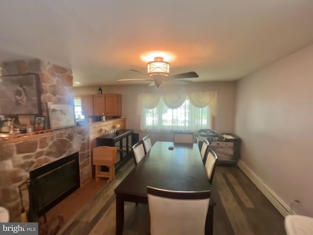 44 Sugarmaple Ln, Levittown, PA 19055 - dining room with a ceiling fan, healthy amount of natural light, wood finished floors, and a fireplace