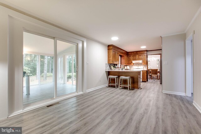 5183 Silver Run Ln, Salisbury, MD 21801 - kitchen with brown cabinetry, a peninsula, light wood-type flooring, ornamental molding, and baseboards