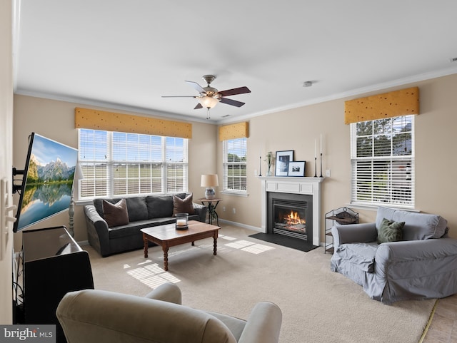 64 Fieldmaple Dr, Camden Wyoming, DE 19934 - living area with ornamental molding, light carpet, a fireplace with flush hearth, baseboards, and ceiling fan