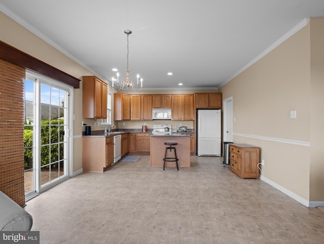 64 Fieldmaple Dr, Camden Wyoming, DE 19934 - kitchen with white appliances, baseboards, a chandelier, recessed lighting, and ornamental molding