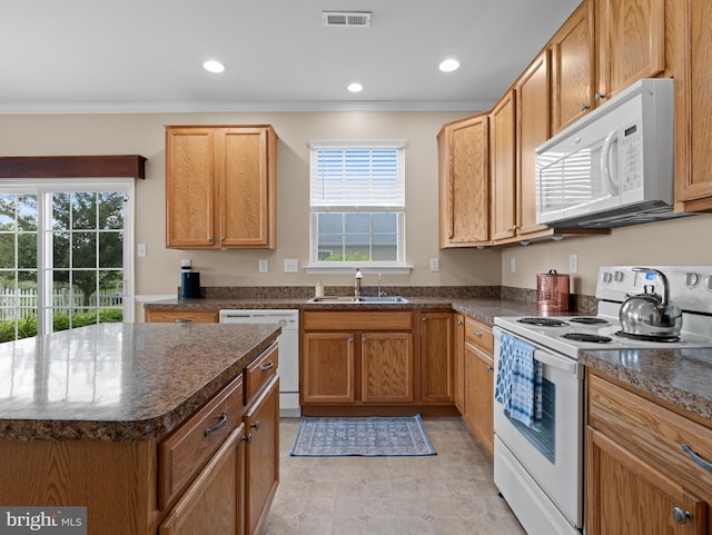 64 Fieldmaple Dr, Camden Wyoming, DE 19934 - kitchen with white appliances, a sink, ornamental molding, plenty of natural light, and recessed lighting