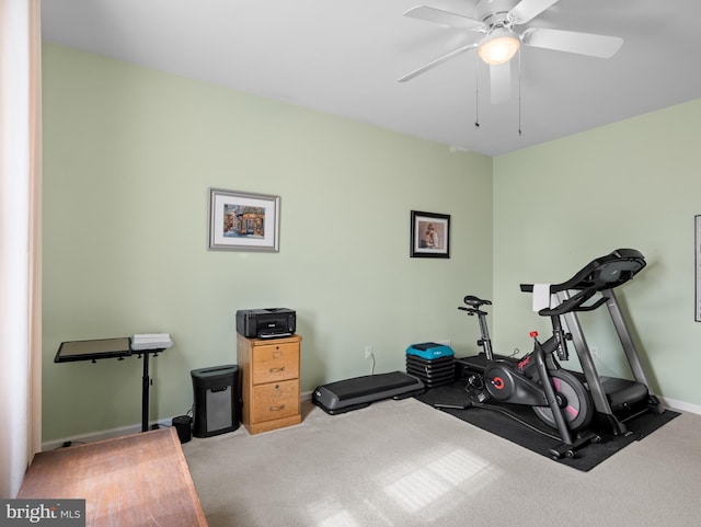 64 Fieldmaple Dr, Camden Wyoming, DE 19934 - workout area featuring ceiling fan, carpet floors, and baseboards