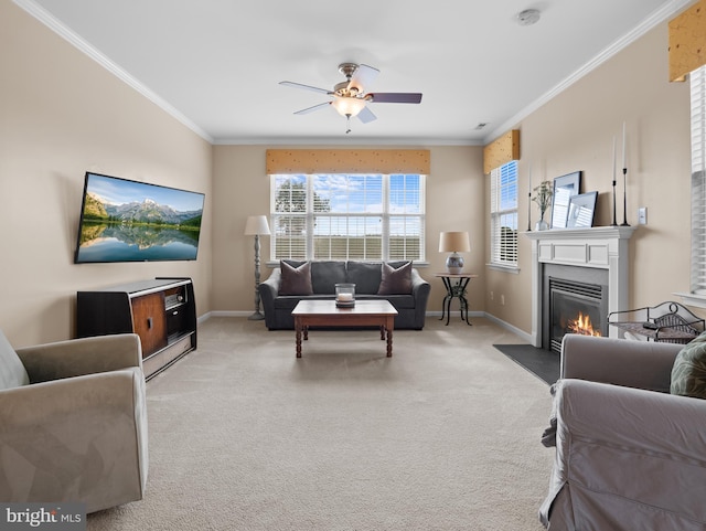 64 Fieldmaple Dr, Camden Wyoming, DE 19934 - living room with plenty of natural light, light colored carpet, crown molding, and a fireplace with flush hearth