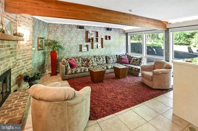 2361 Welsh Rd, Mohnton, PA 19540 - tiled living area with a baseboard radiator, a fireplace, and beamed ceiling