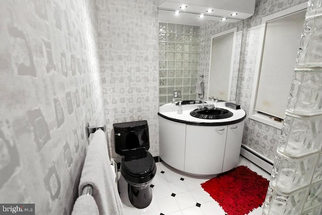 2361 Welsh Rd, Mohnton, PA 19540 - bathroom featuring a baseboard radiator, wallpapered walls, and vanity