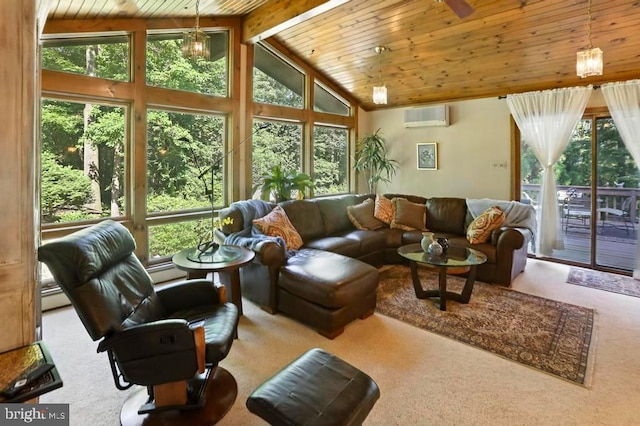 2361 Welsh Rd, Mohnton, PA 19540 - living area featuring a wall mounted AC, healthy amount of natural light, carpet, a wood ceiling with exposed beams, and high vaulted ceiling