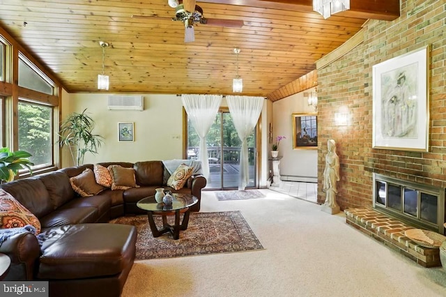2361 Welsh Rd, Mohnton, PA 19540 - living area featuring carpet, wooden ceiling, baseboard heating, an AC wall unit, and lofted ceiling
