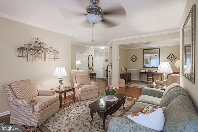 9601 Amberleigh Ln Unit 9601F, Perry Hall, MD 21128 - living area with wood finished floors, ceiling fan, ornamental molding, and baseboards
