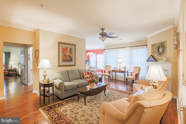 9601 Amberleigh Ln Unit 9601F, Perry Hall, MD 21128 - living room featuring a ceiling fan, crown molding, wood finished floors, baseboards, and a chandelier