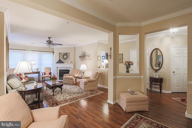 9601 Amberleigh Ln Unit 9601F, Perry Hall, MD 21128 - living room with a ceiling fan, wood finished floors, baseboards, a fireplace, and ornamental molding