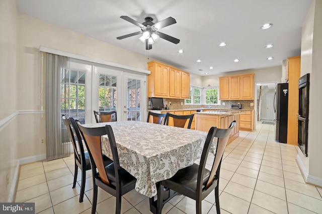 1292 Middleton Ct, Vienna, VA 22182 - dining space featuring light tile patterned floors, baseboards, a ceiling fan, recessed lighting, and french doors