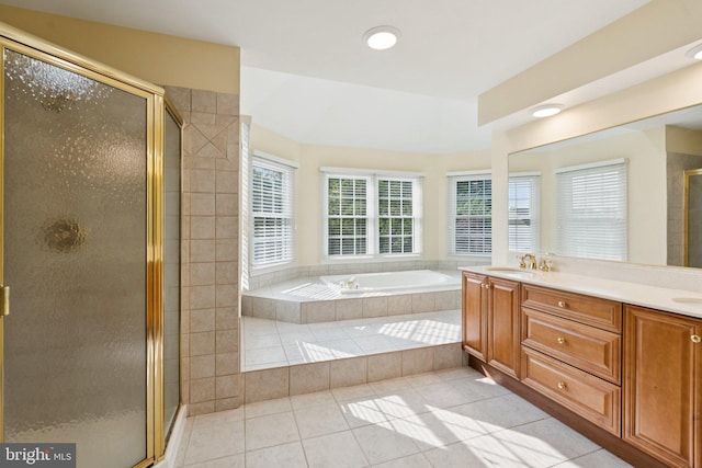 1292 Middleton Ct, Vienna, VA 22182 - full bathroom with a bath, a shower stall, tile patterned floors, double vanity, and recessed lighting