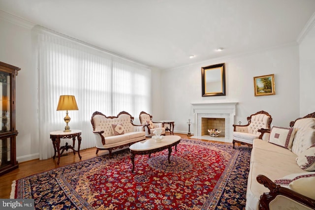 1292 Middleton Ct, Vienna, VA 22182 - living room with ornamental molding, wood finished floors, a fireplace with flush hearth, and baseboards