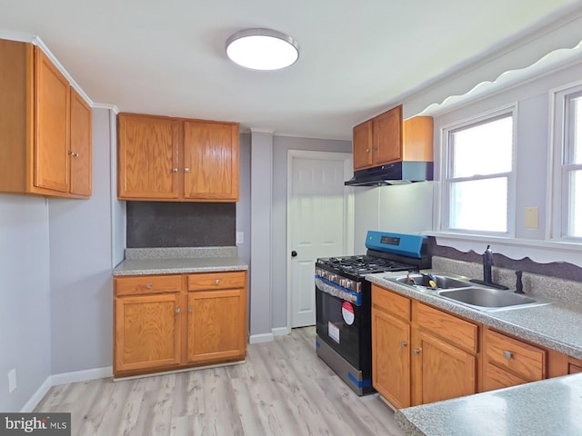 131 Vine St, Bridgeton, NJ 08302 - kitchen with stainless steel gas range, under cabinet range hood, a sink, light wood finished floors, and baseboards