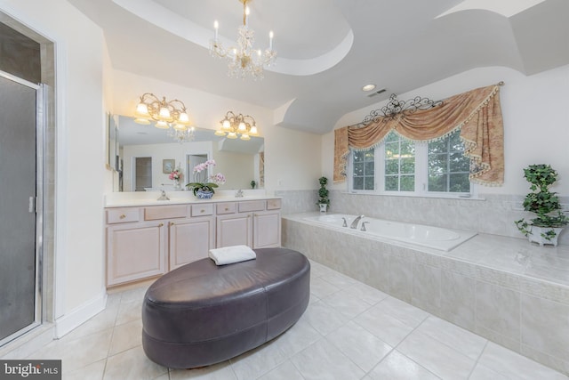 144 Cedar Ct, Woolwich Twp, NJ 08085 - full bathroom featuring a chandelier, tile patterned flooring, double vanity, a bath, and a shower stall