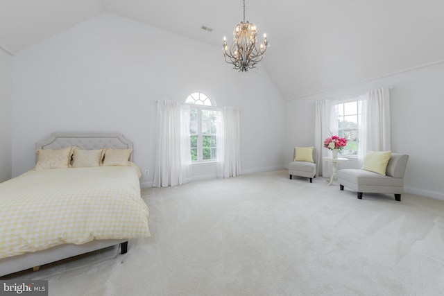 144 Cedar Ct, Woolwich Twp, NJ 08085 - carpeted bedroom with a chandelier, baseboards, and high vaulted ceiling