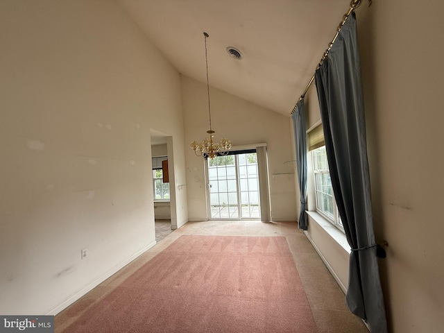 87 Courtyard Dr, Carlisle, PA 17013 - unfurnished room featuring a chandelier, light carpet, baseboards, and high vaulted ceiling