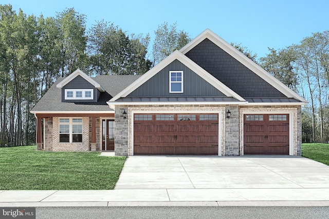 567 Lumber St, Littlestown, PA 17340 - craftsman house with an attached garage, concrete driveway, a front lawn, brick siding, and board and batten siding