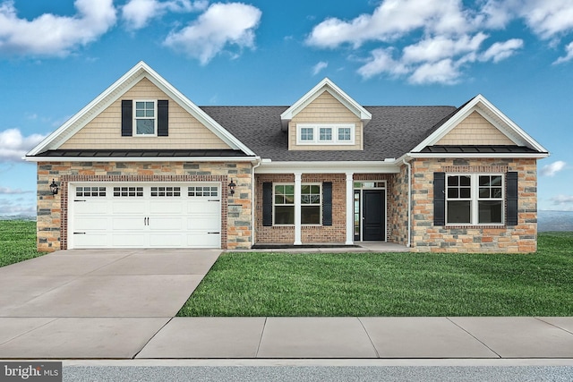 567 Lumber St, Littlestown, PA 17340 - craftsman-style house with a front yard, a standing seam roof, stone siding, and concrete driveway