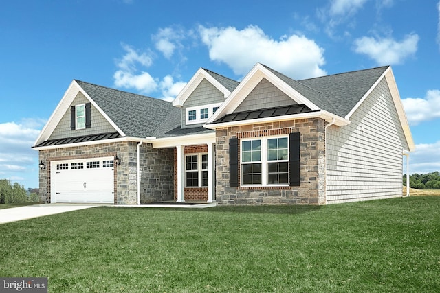 567 Lumber St, Littlestown, PA 17340 - craftsman inspired home with stone siding, a front lawn, driveway, and a standing seam roof