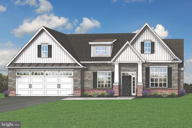 567 Lumber St, Littlestown, PA 17340 - view of front of house featuring asphalt driveway, board and batten siding, a front yard, and stone siding