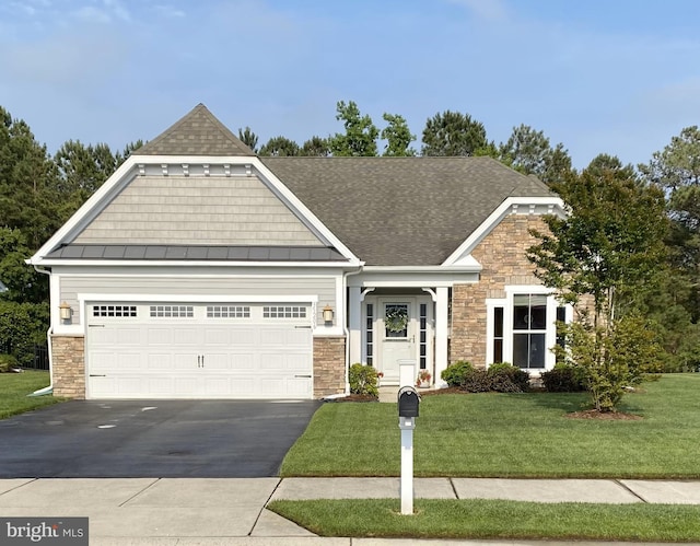 35206 Seagrass Plantation Ln, Dagsboro, DE 19939 - craftsman-style house featuring stone siding, asphalt driveway, and a standing seam roof