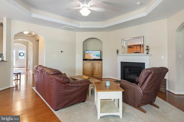 35206 Seagrass Plantation Ln, Dagsboro, DE 19939 - living area featuring arched walkways, a tray ceiling, ceiling fan, a glass covered fireplace, and wood finished floors