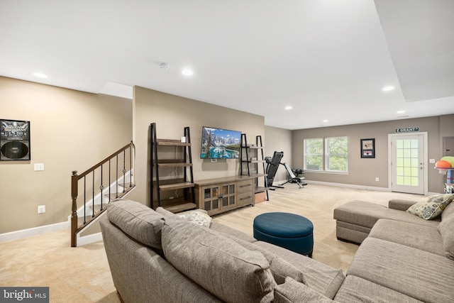 10744 Hinton Way, Manassas, VA 20112 - living area featuring light colored carpet, baseboards, stairs, and recessed lighting