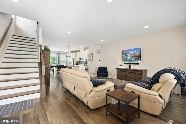 10744 Hinton Way, Manassas, VA 20112 - living area featuring dark wood-style flooring, stairway, recessed lighting, and baseboards
