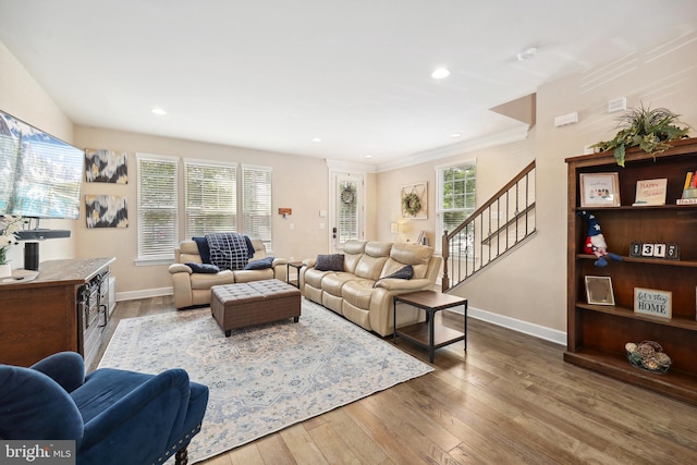 10744 Hinton Way, Manassas, VA 20112 - living area with hardwood / wood-style flooring, baseboards, stairs, recessed lighting, and crown molding