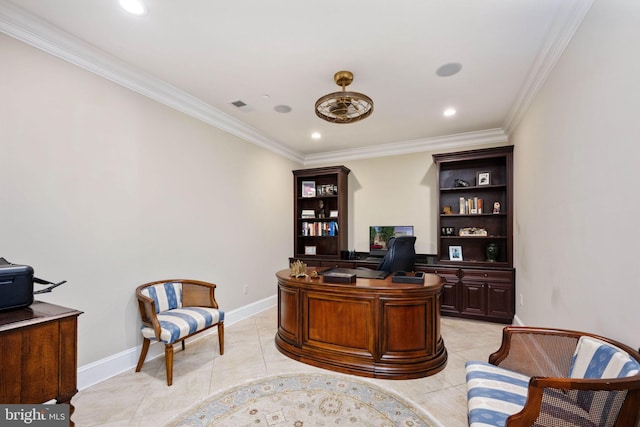 913A Caroline St, Fredericksburg, VA 22401 - home office featuring crown molding, light tile patterned floors, recessed lighting, and baseboards