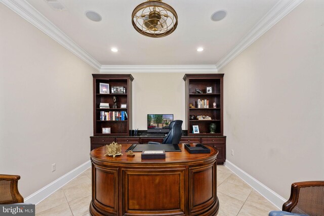 913A Caroline St, Fredericksburg, VA 22401 - office area with light tile patterned floors, ornamental molding, baseboards, and recessed lighting