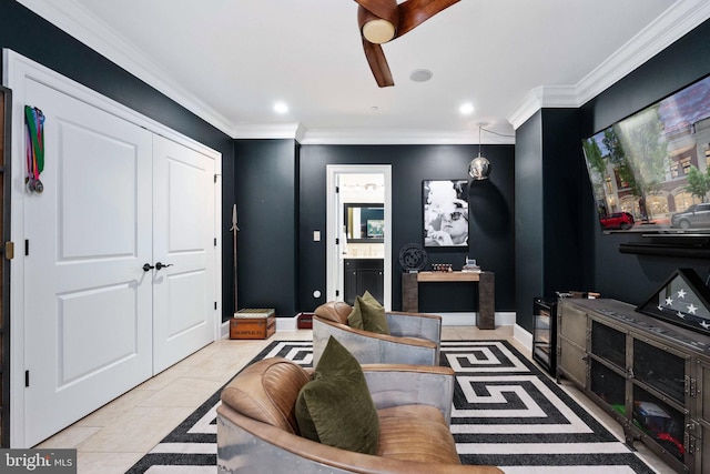913A Caroline St, Fredericksburg, VA 22401 - living area featuring ceiling fan, recessed lighting, crown molding, baseboards, and light tile patterned flooring