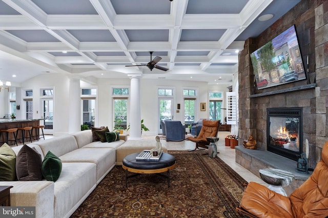 913A Caroline St, Fredericksburg, VA 22401 - living area featuring ornate columns, recessed lighting, a fireplace, coffered ceiling, and beamed ceiling