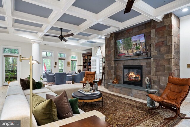 913A Caroline St, Fredericksburg, VA 22401 - living area with a ceiling fan, a fireplace, coffered ceiling, beam ceiling, and ornate columns