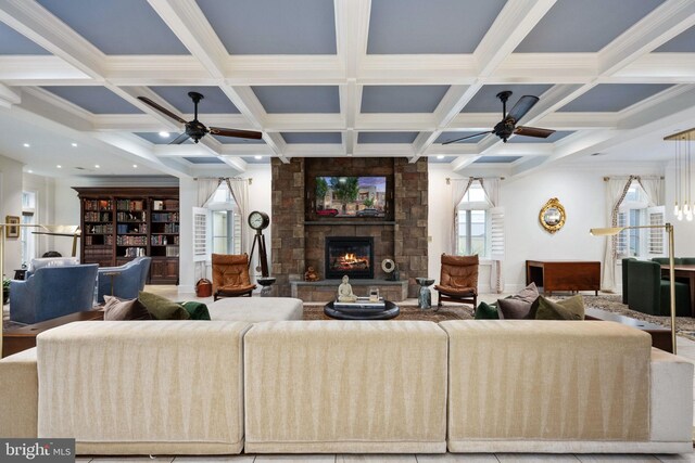 913A Caroline St, Fredericksburg, VA 22401 - living area featuring ceiling fan, a stone fireplace, coffered ceiling, beam ceiling, and recessed lighting